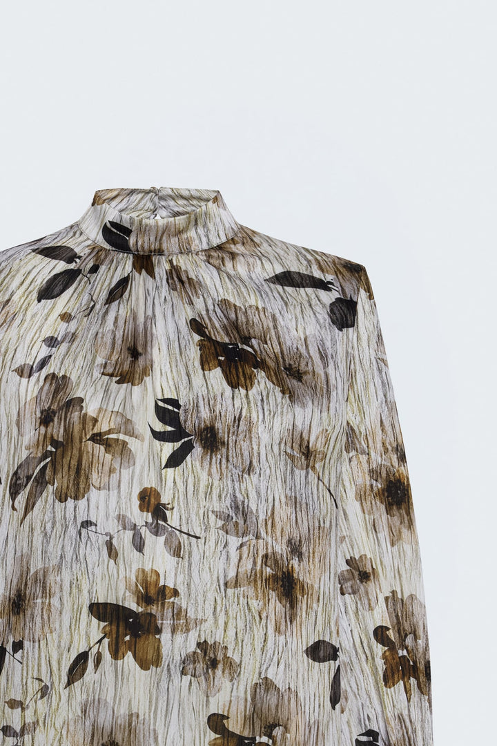 Sateen Blouse à Motif Floral - Marron