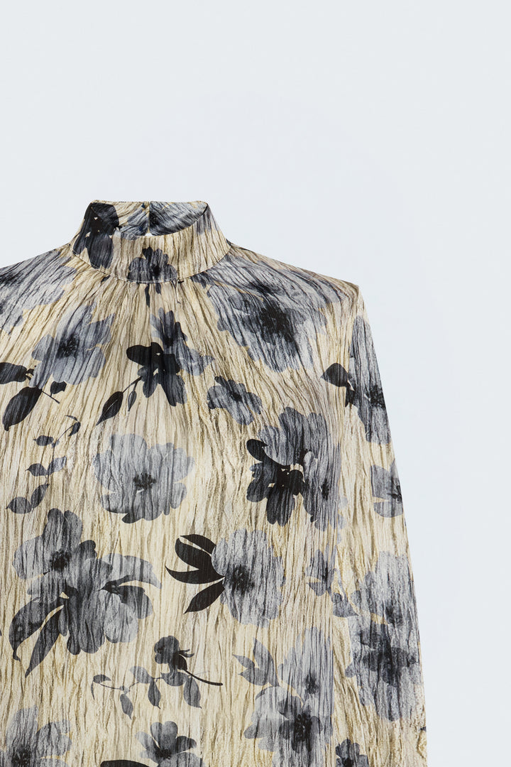 Sateen Blouse à Motif Floral - Bleu