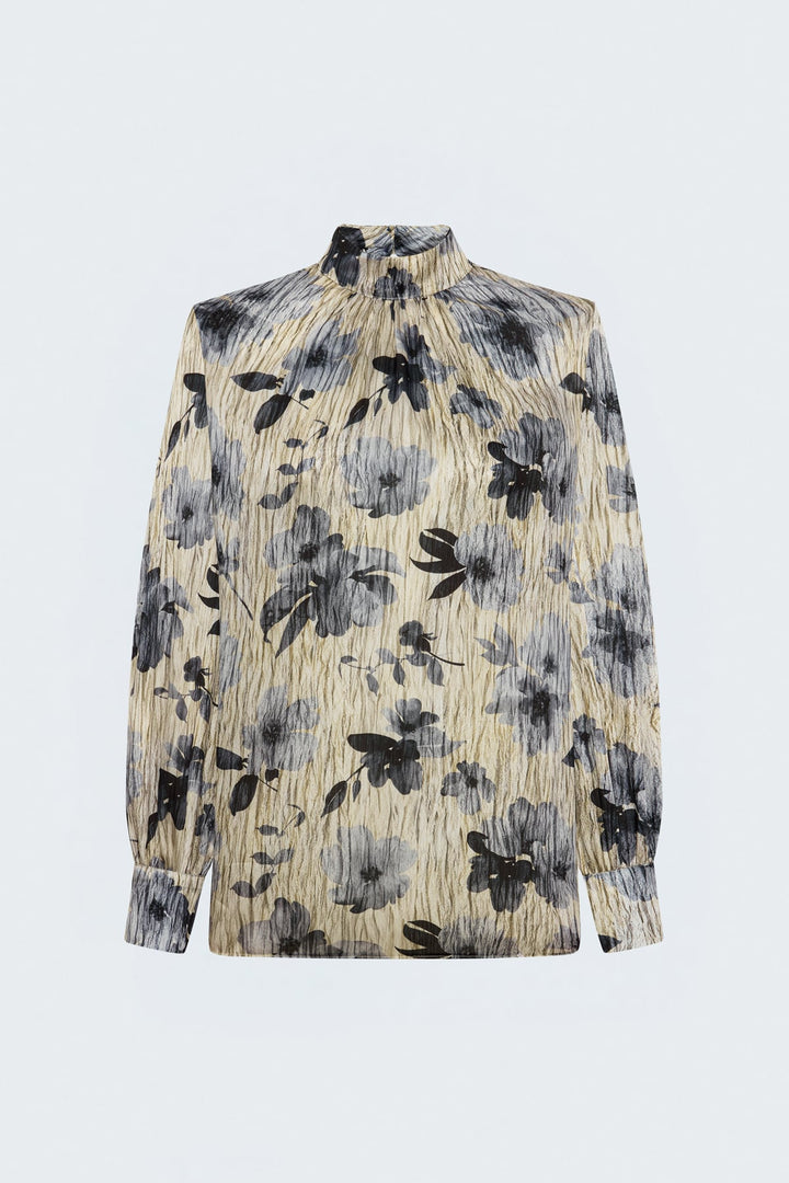 Sateen Blouse à Motif Floral - Bleu