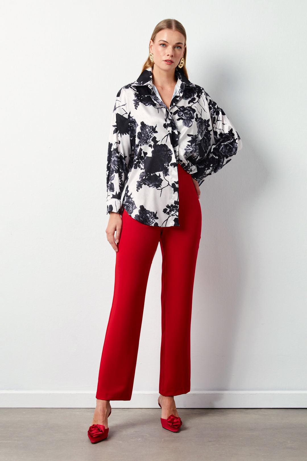 Sateen Chemise ample à motifs floraux - Noir