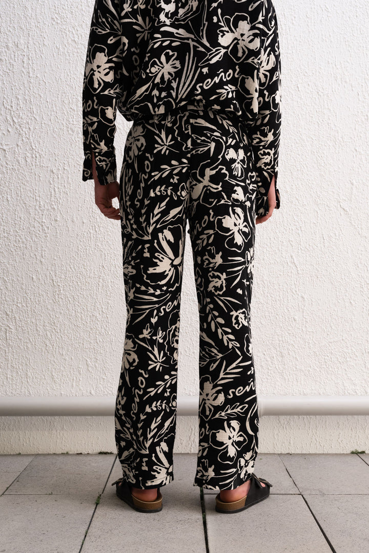 Giesto Pantalon Noir à Motif Floral - Noir