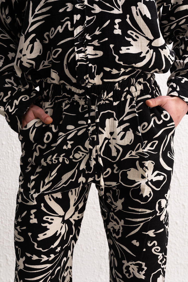 Giesto Pantalon Noir à Motif Floral - Noir