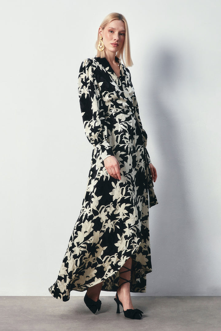 Sateen Robe longue à fleurs - Noir