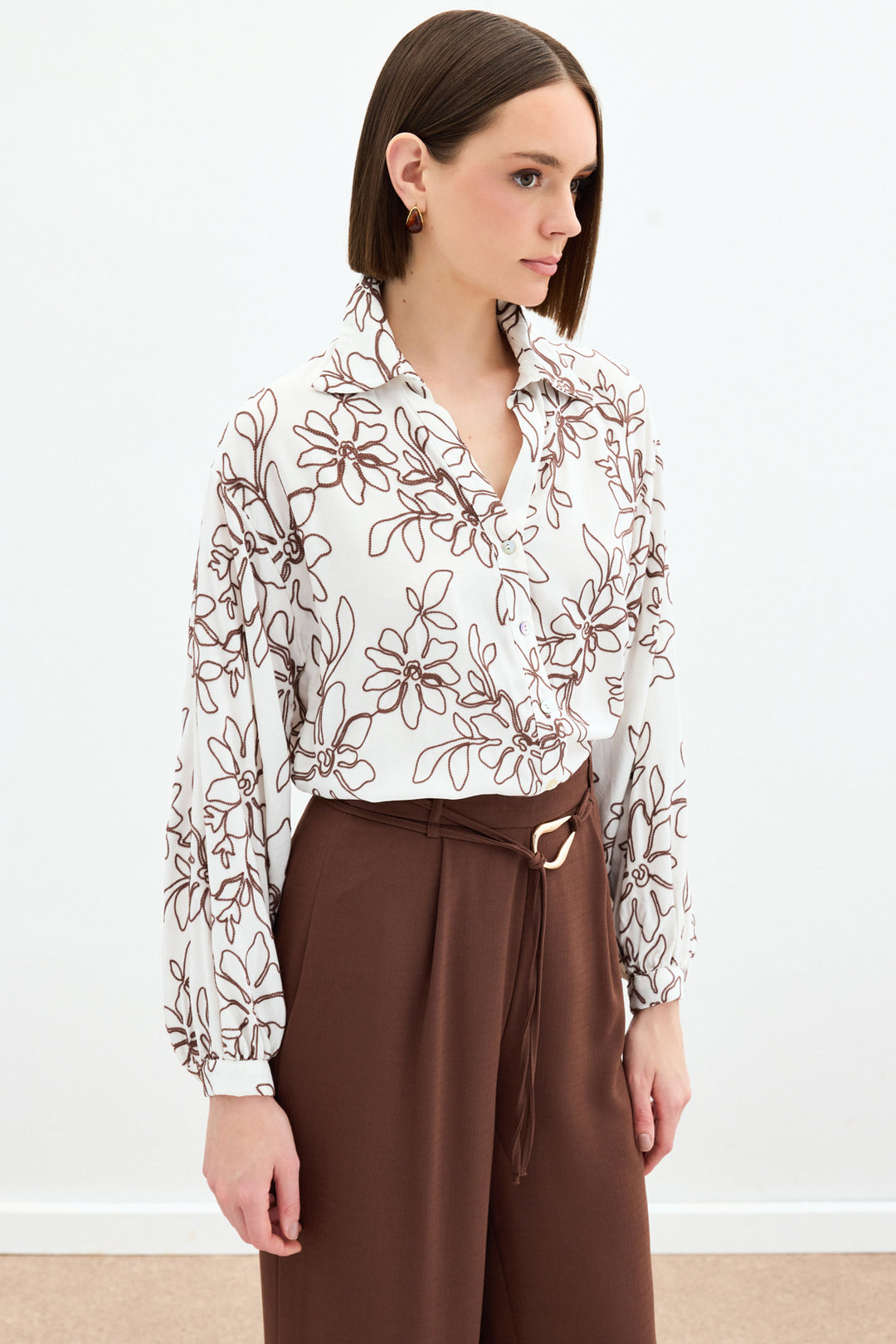 Sateen Chemisier en Viscose Brodé de Fleurs - Marron