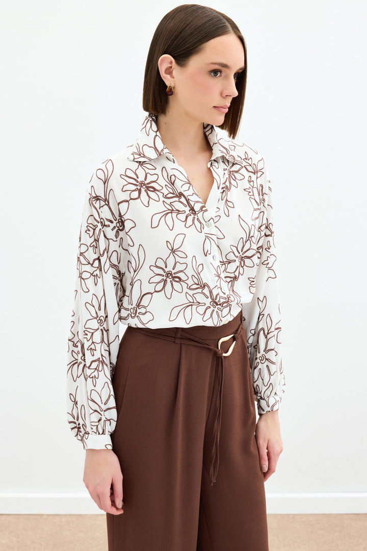 Sateen Chemisier en Viscose Brodé de Fleurs - Marron
