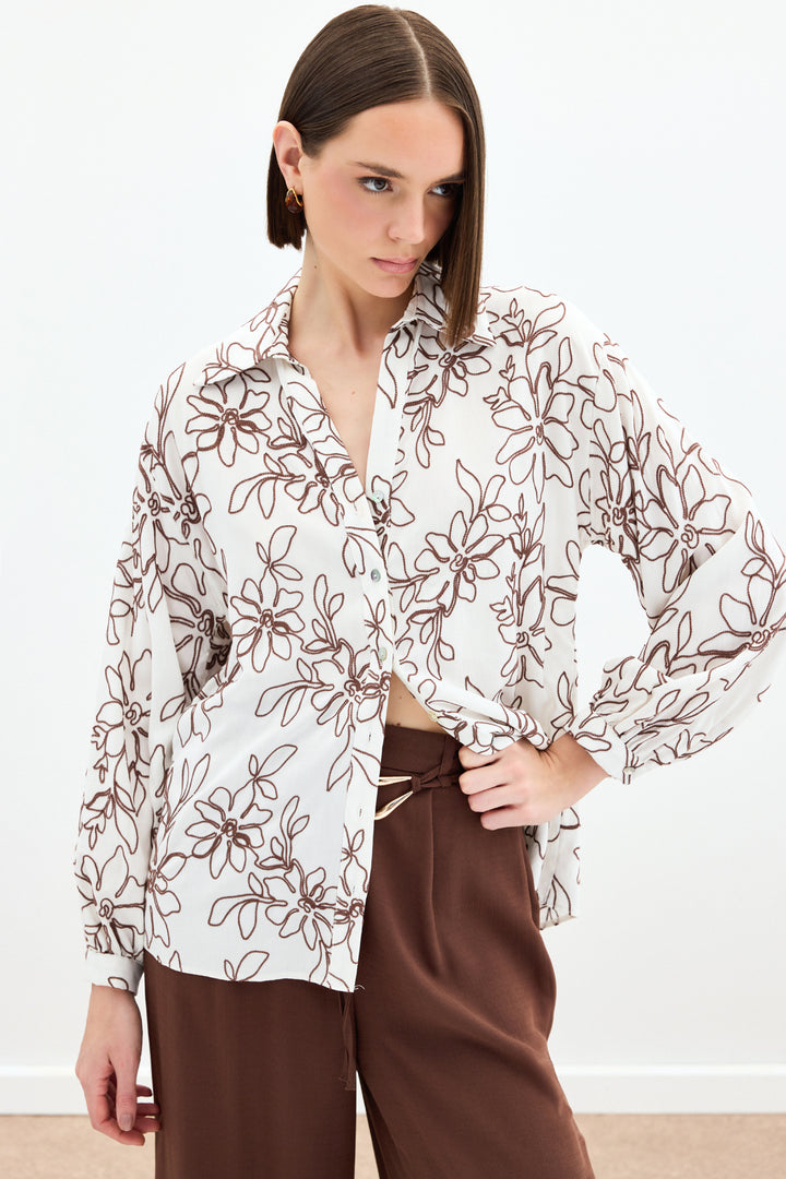 Sateen Chemisier en Viscose Brodé de Fleurs - Marron