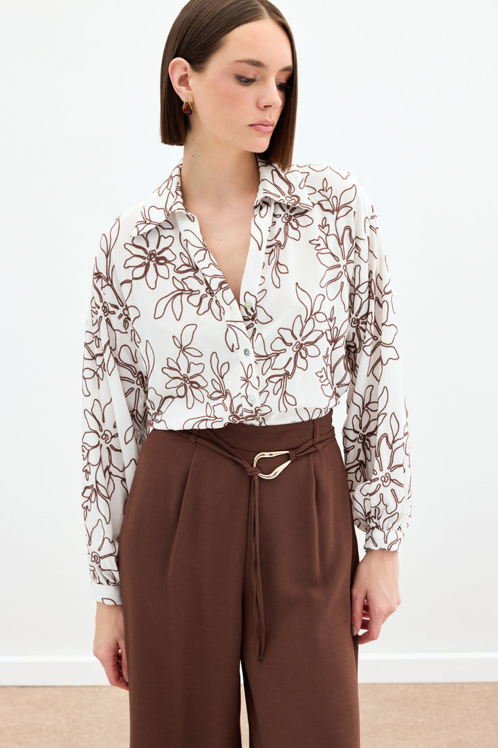 Sateen Chemisier en Viscose Brodé de Fleurs - Marron