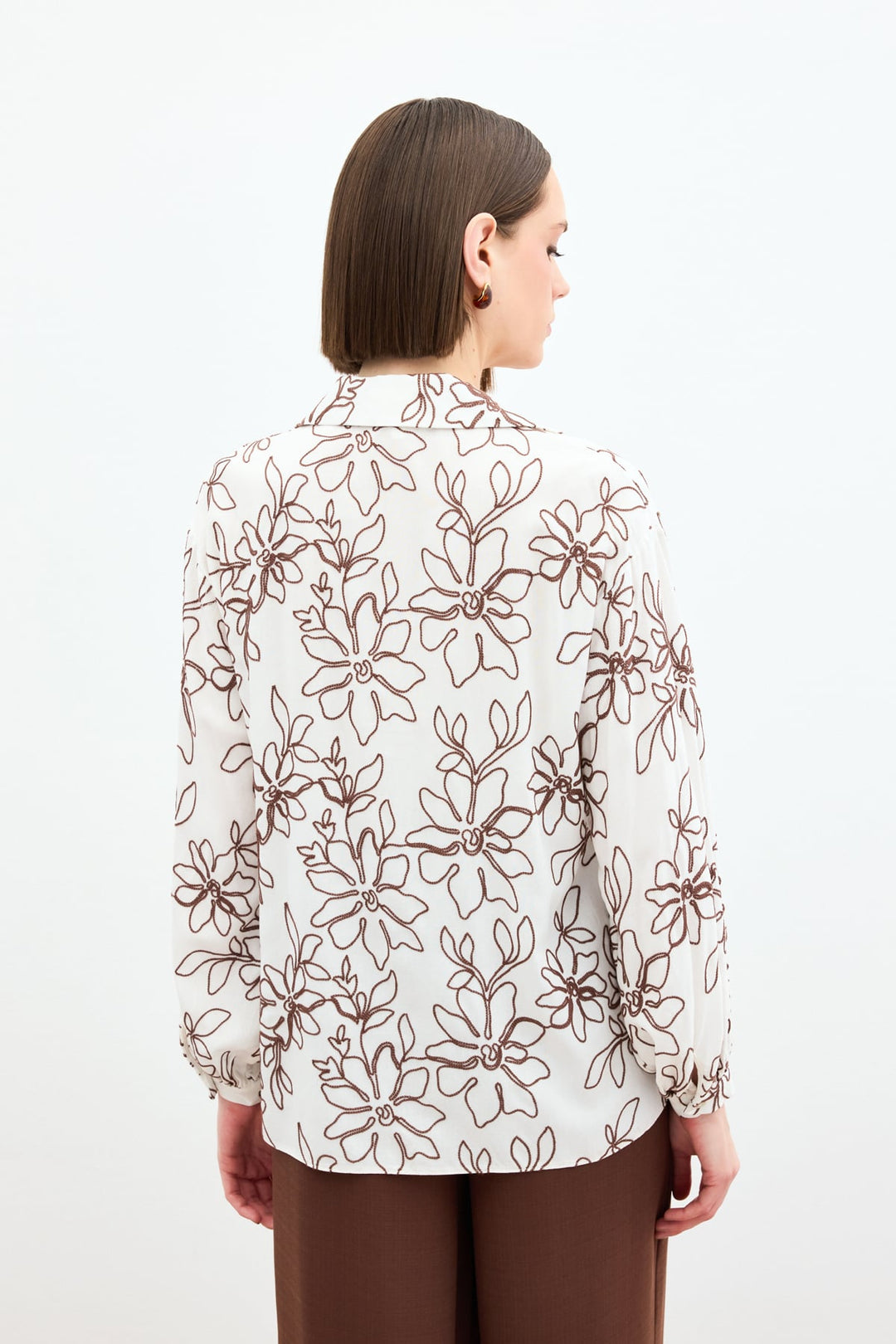 Sateen Chemisier en Viscose Brodé de Fleurs - Marron