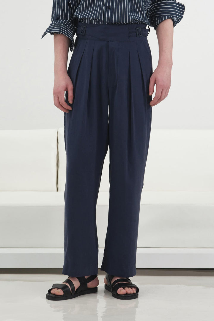 Giesto Pantalon modal bleu marine à double ceinture et plis - Bleu marine