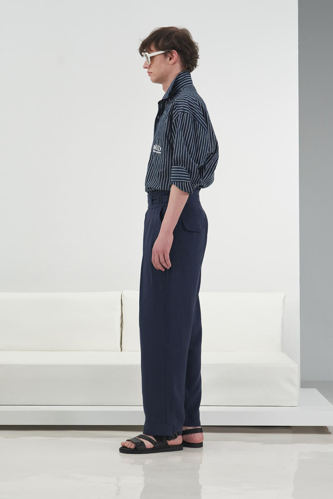 Giesto Pantalon modal bleu marine à double ceinture et plis - Bleu marine