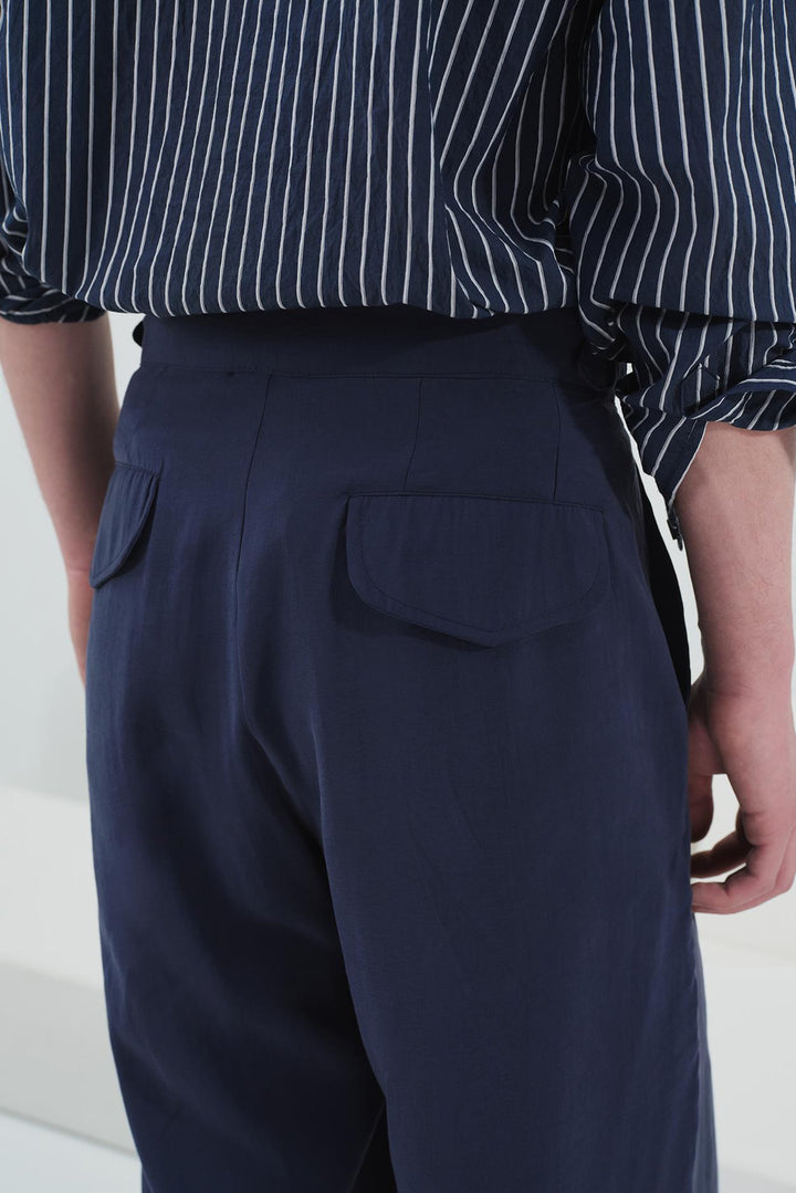 Giesto Pantalon modal bleu marine à double ceinture et plis - Bleu marine