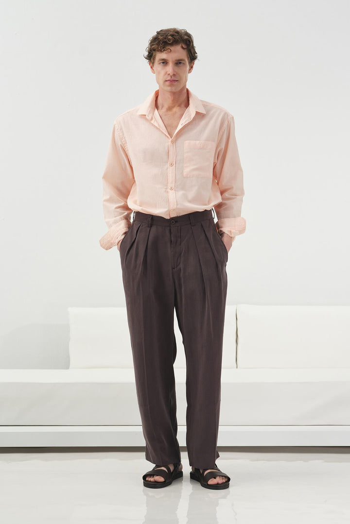 Giesto Pantalon Modal Marron à Double Pli - Marron