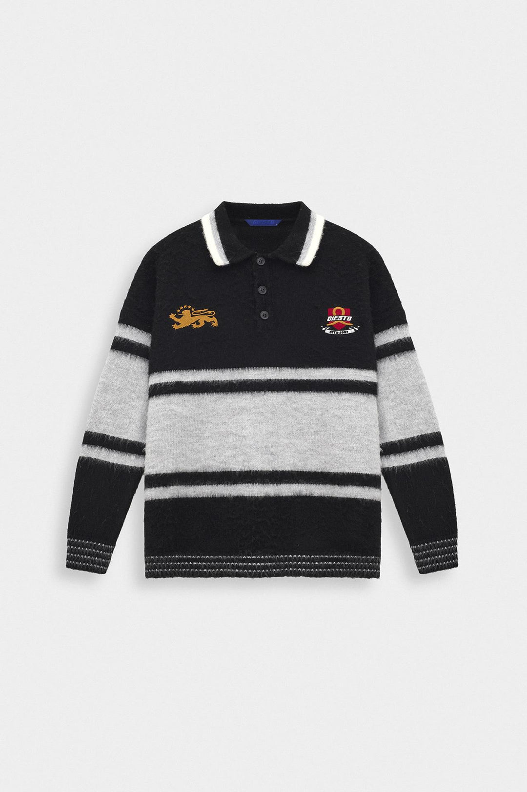 Giesto Pull à col polo en tricot gris avec broderie bicolore - Gris
