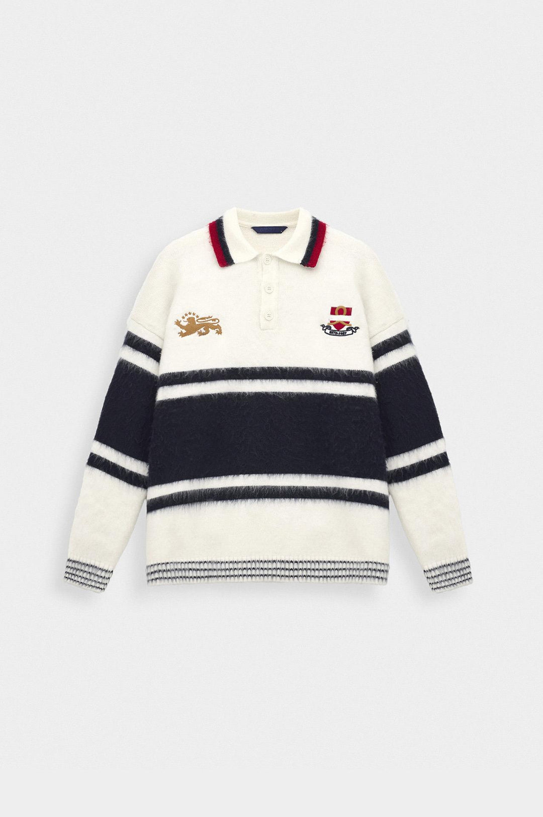 Giesto Pull à col polo en tricot bleu marine avec broderie bicolore - Bleu marine