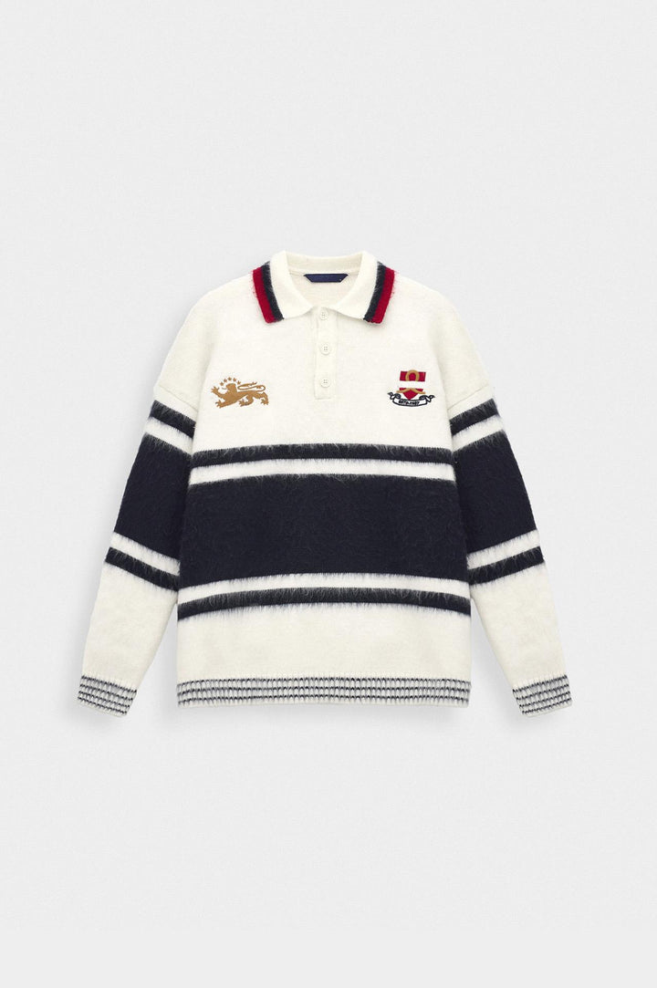 Giesto Pull à col polo en tricot bleu marine avec broderie bicolore - Bleu marine
