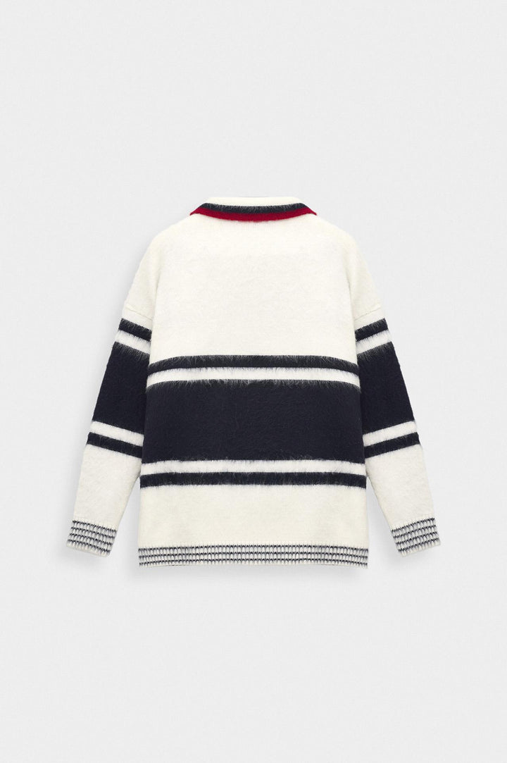 Giesto Pull à col polo en tricot bleu marine avec broderie bicolore - Bleu marine