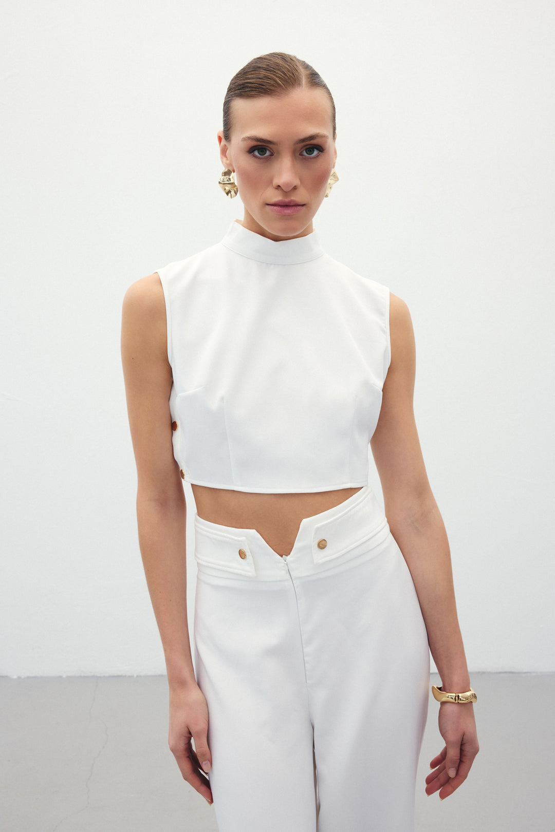 Sateen Blouse Crop avec Détails à Pression - Écru