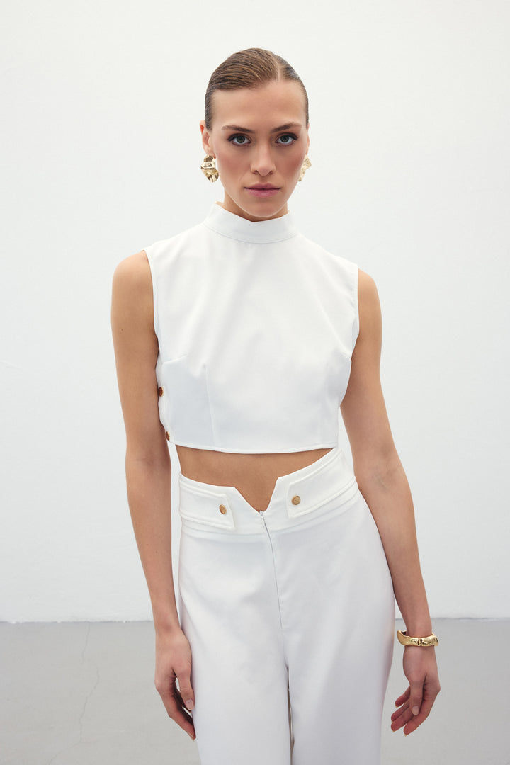 Sateen Blouse Crop avec Détails à Pression - Écru