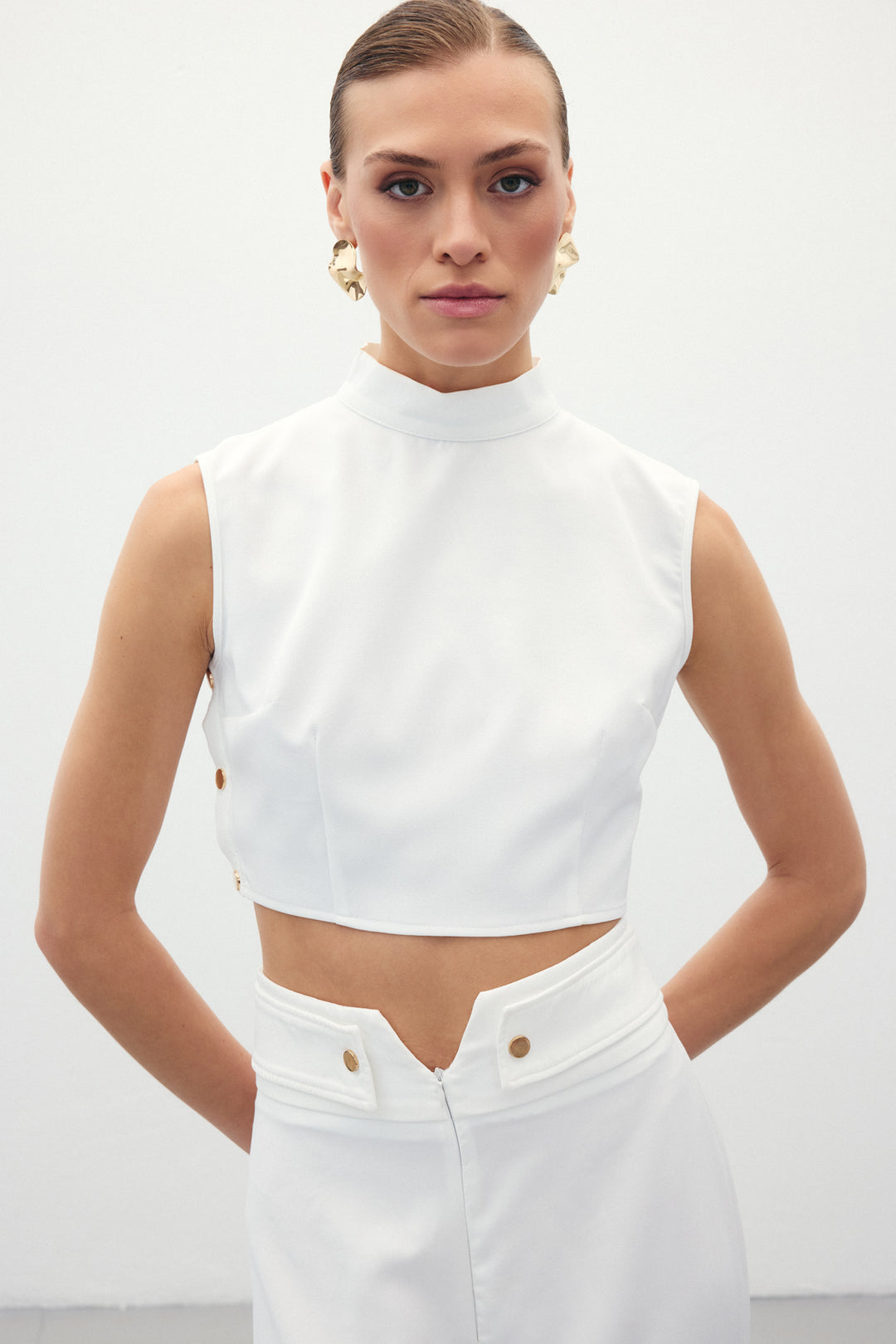 Sateen Blouse Crop avec Détails à Pression - Écru