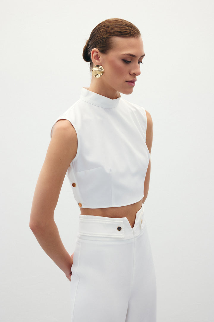 Sateen Blouse Crop avec Détails à Pression - Écru