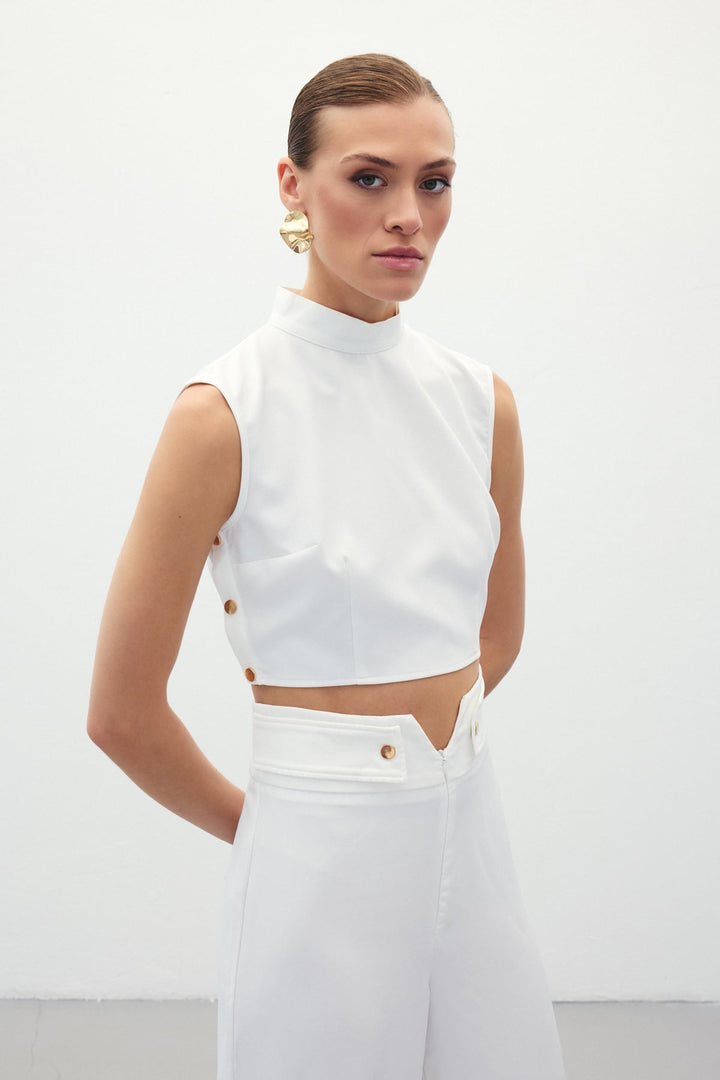 Sateen Blouse Crop avec Détails à Pression - Écru