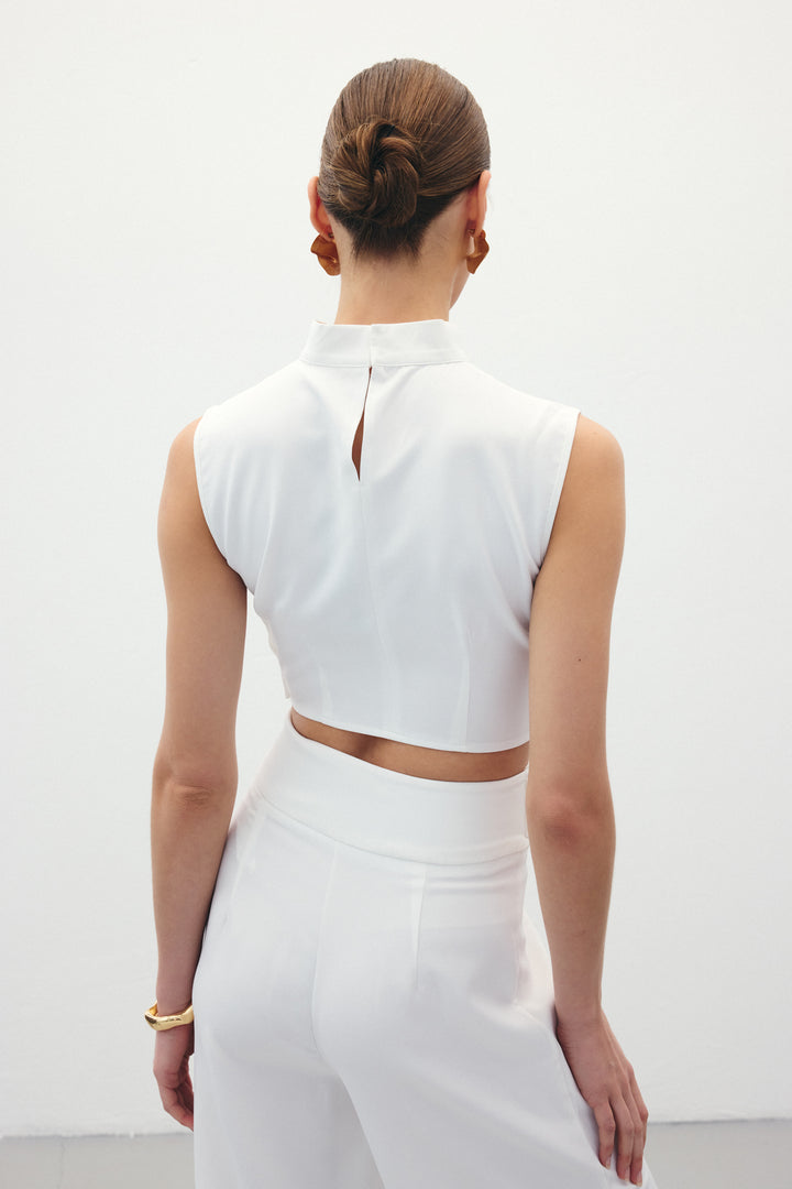 Sateen Blouse Crop avec Détails à Pression - Écru