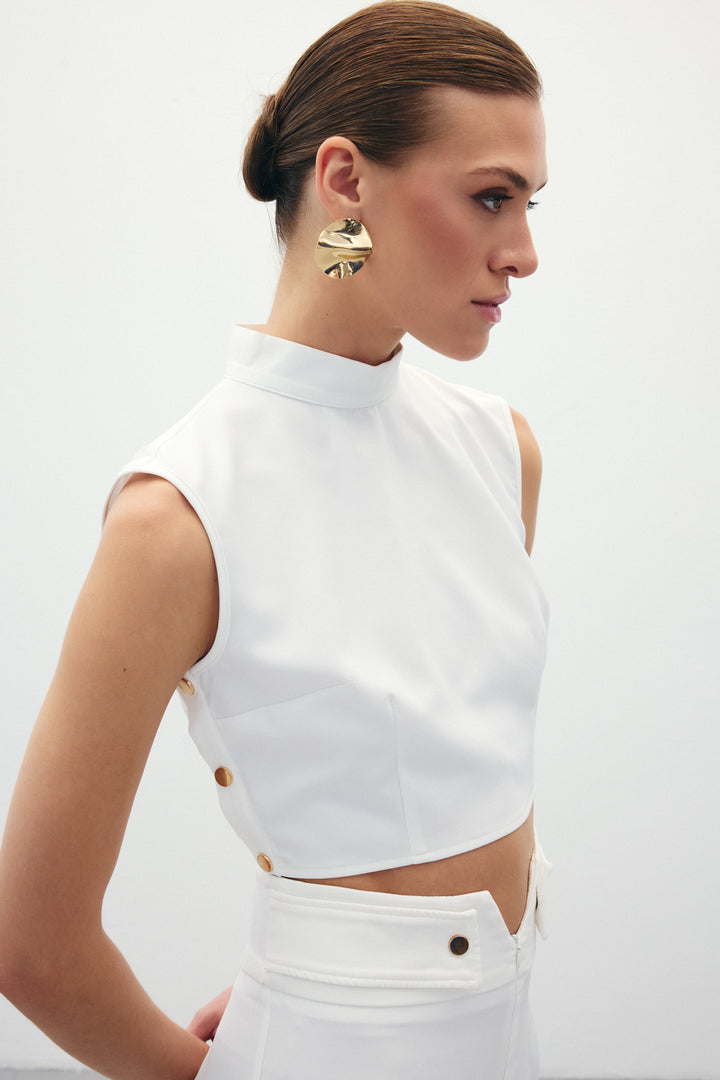 Sateen Blouse Crop avec Détails à Pression - Écru