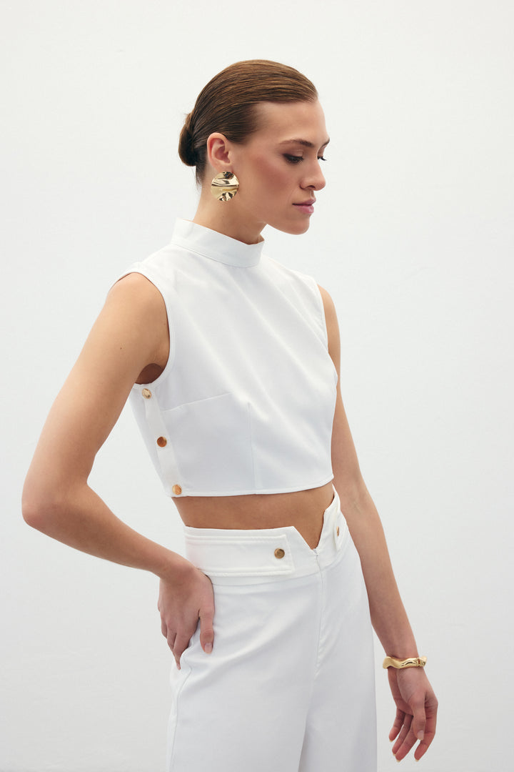 Sateen Blouse Crop avec Détails à Pression - Écru