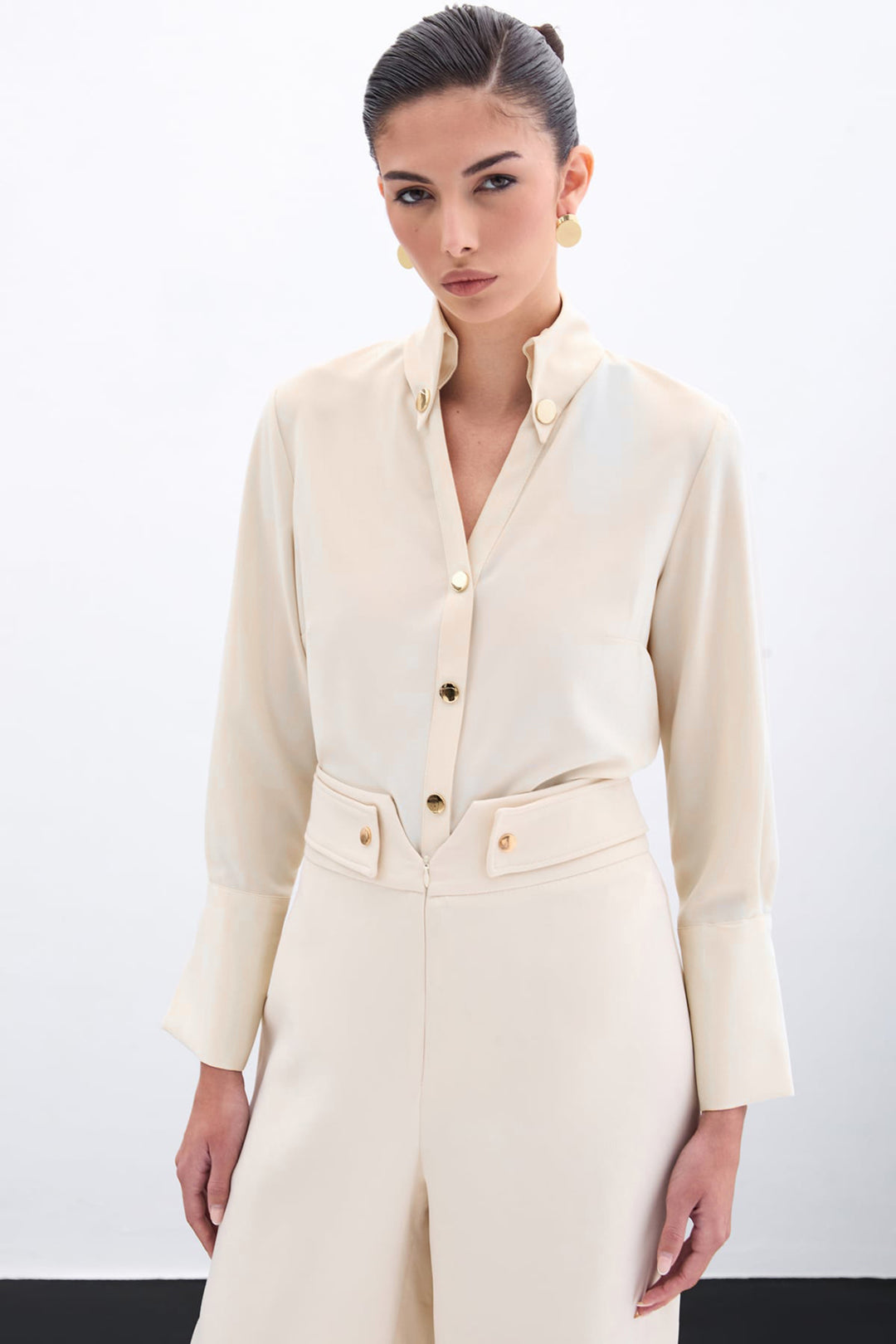 Sateen Chemise avec détails à pression - Beige