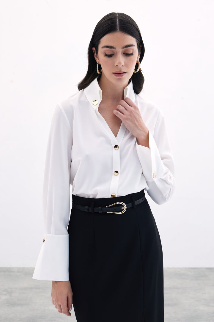 Sateen Chemise Détail Bouton - Écru