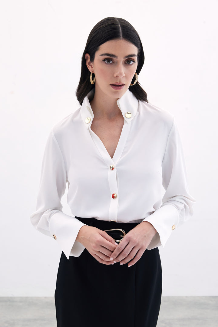 Sateen Chemise Détail Bouton - Écru