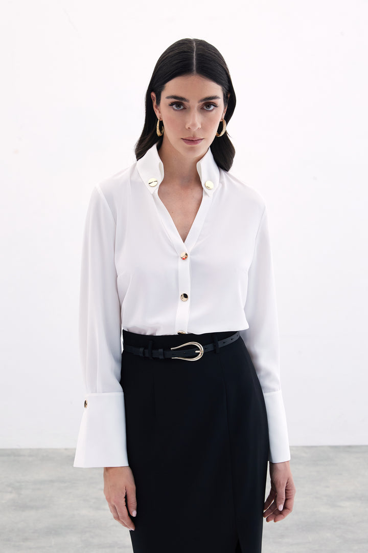 Sateen Chemise Détail Bouton - Écru