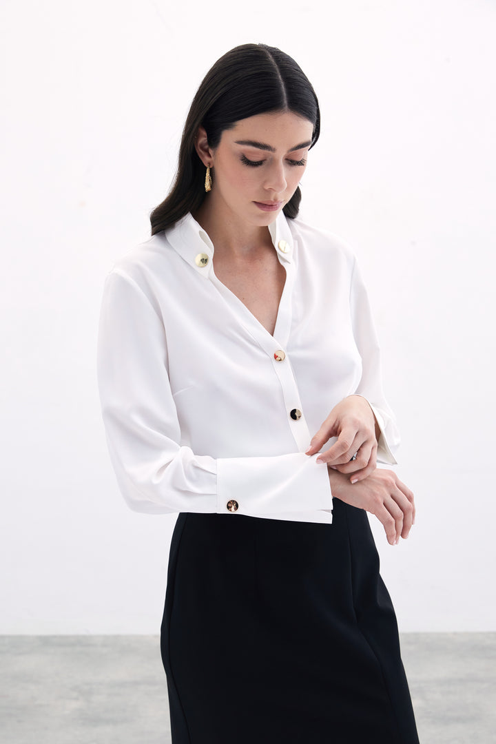 Sateen Chemise Détail Bouton - Écru