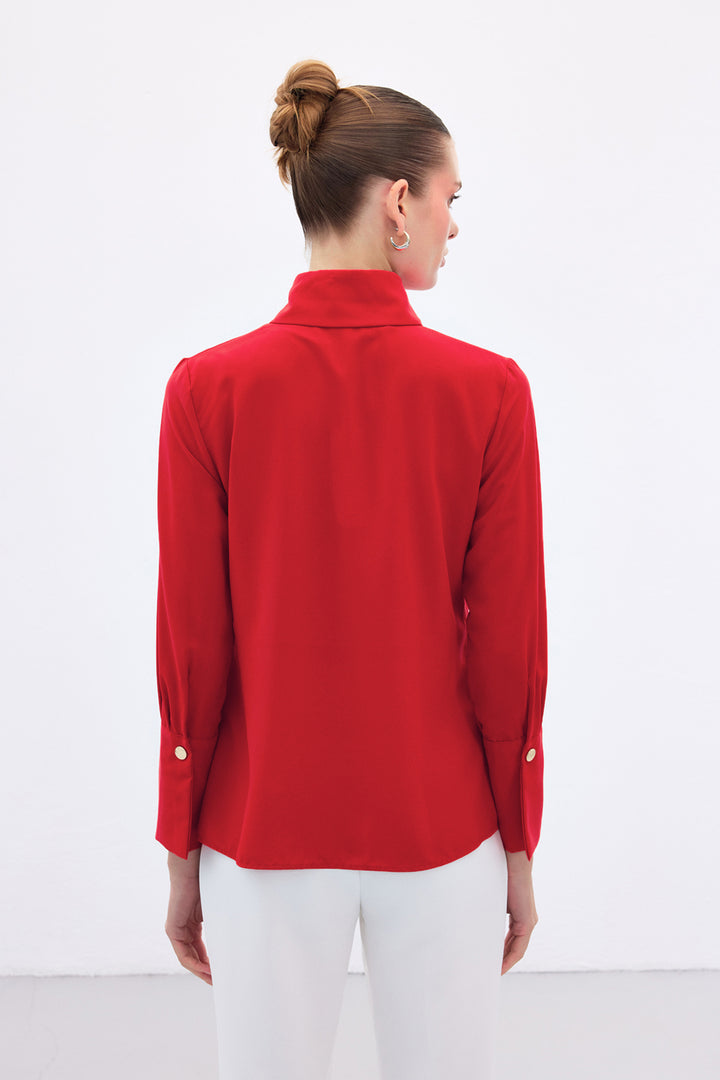 Sateen Chemise Détail Bouton - Rouge