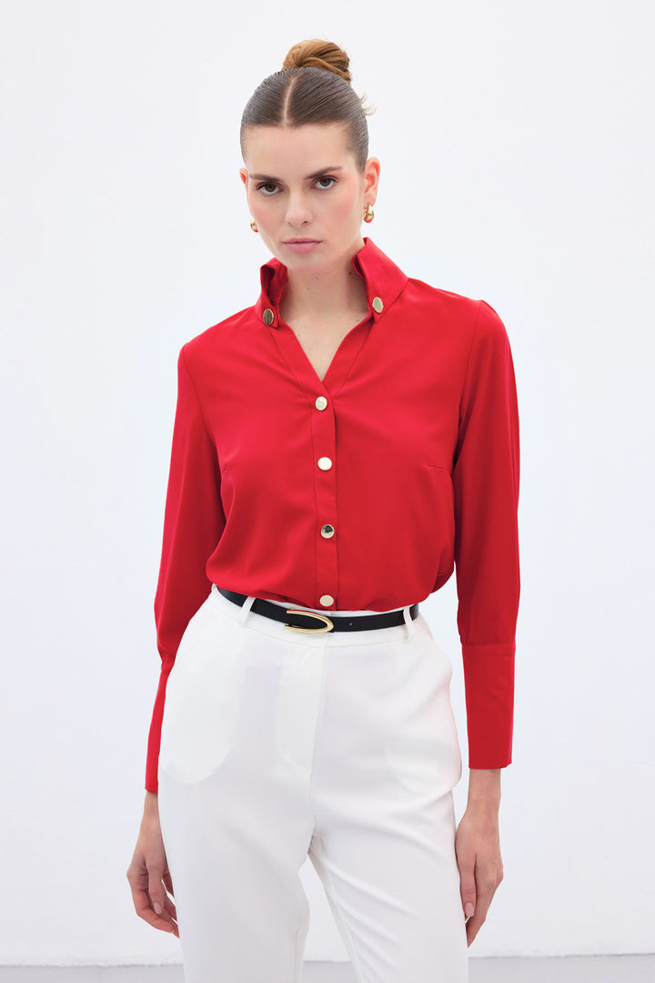 Sateen Chemise Détail Bouton - Rouge