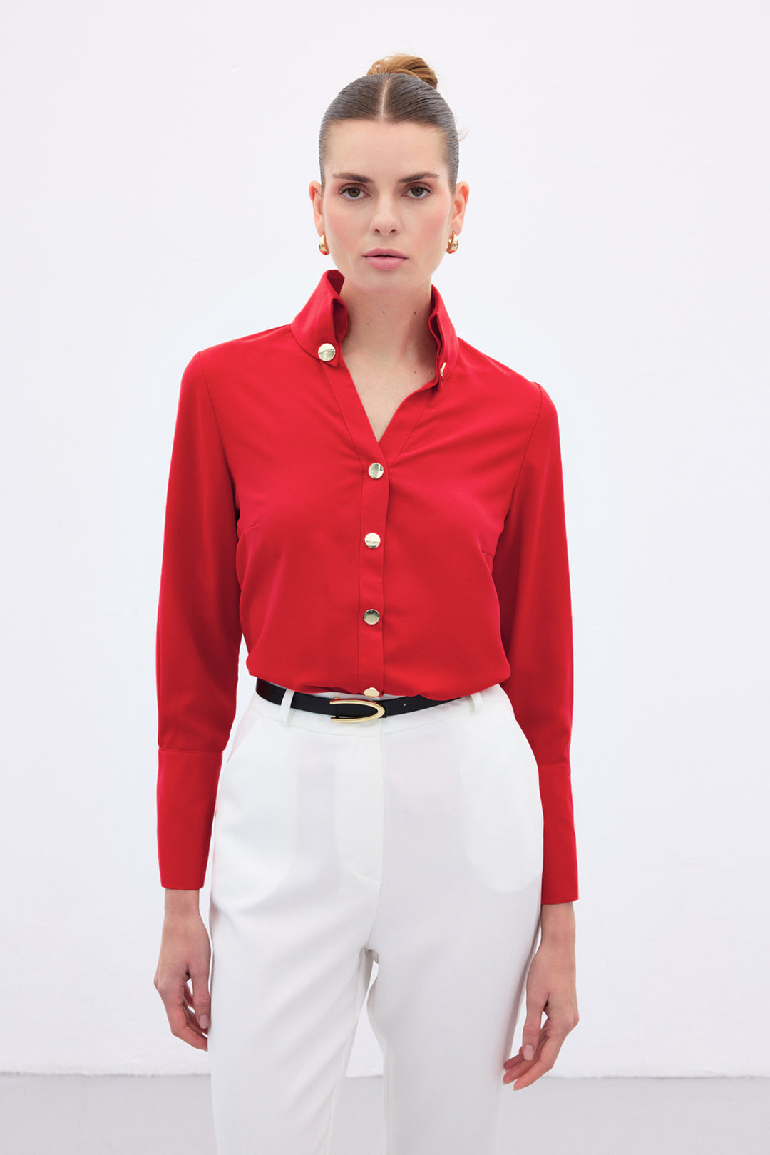 Sateen Chemise Détail Bouton - Rouge
