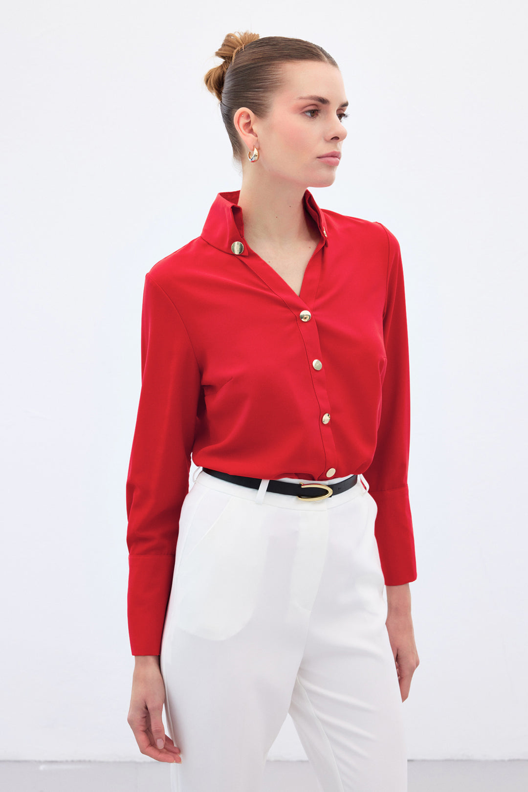 Sateen Chemise Détail Bouton - Rouge