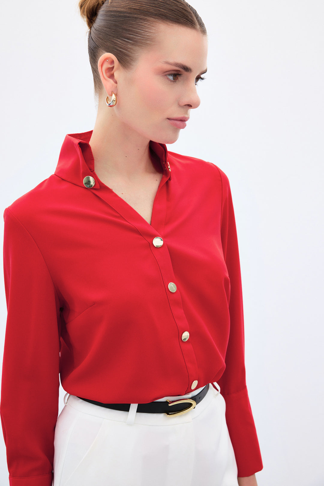 Sateen Chemise Détail Bouton - Rouge