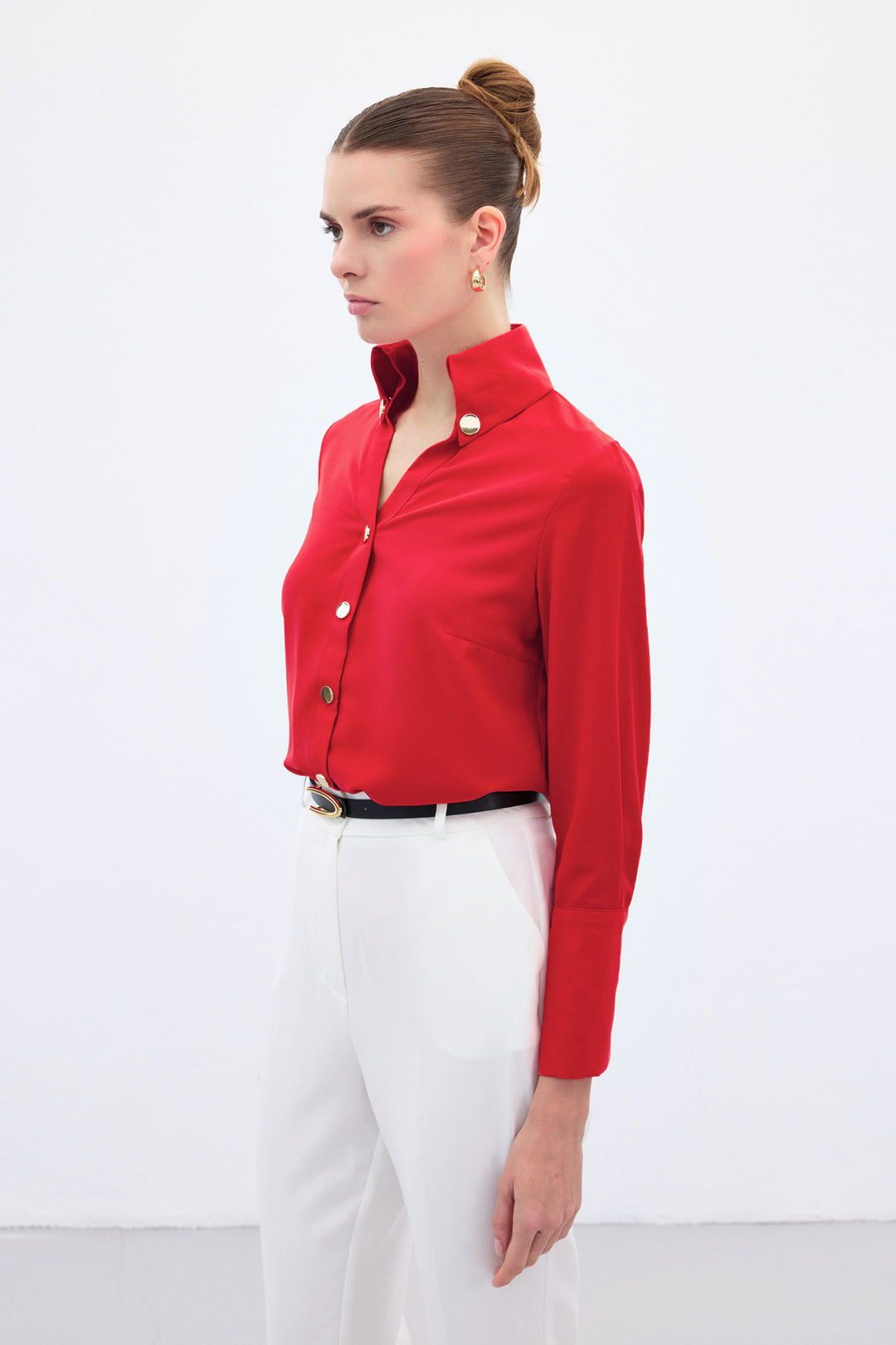 Sateen Chemise Détail Bouton - Rouge