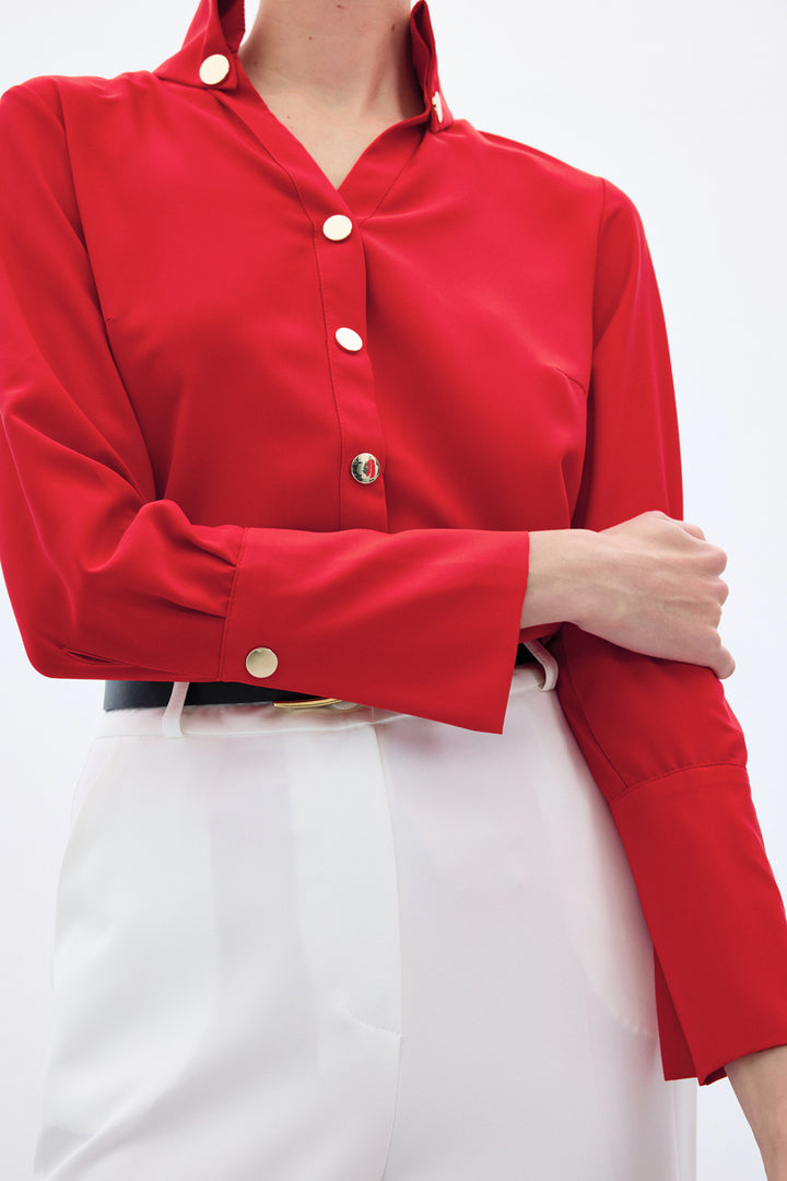 Sateen Chemise Détail Bouton - Rouge