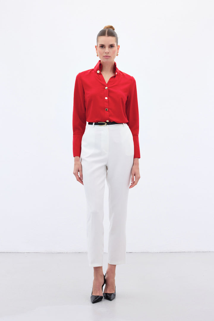 Sateen Chemise Détail Bouton - Rouge