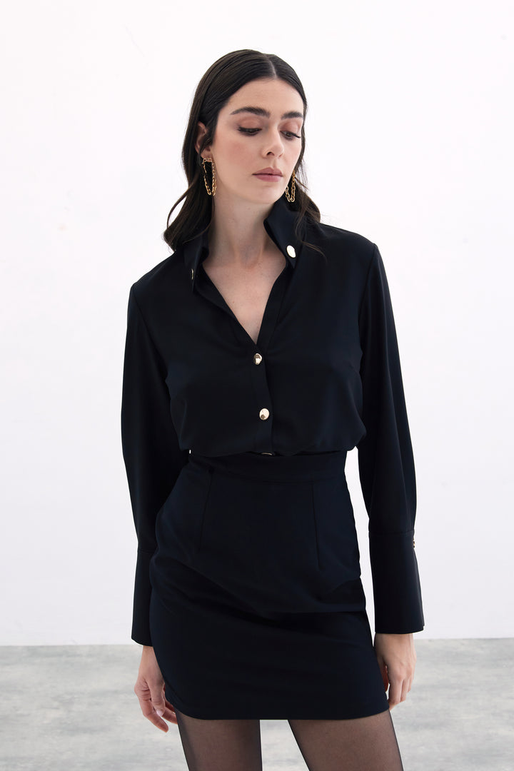 Sateen Chemise Détail Bouton - Noir