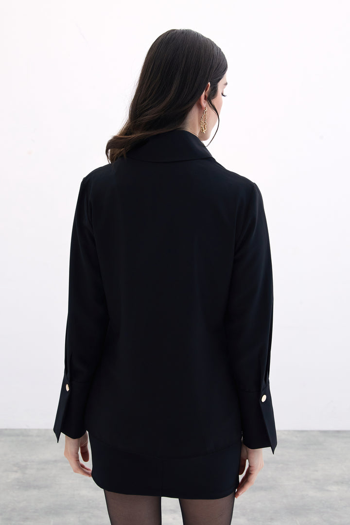 Sateen Chemise Détail Bouton - Noir