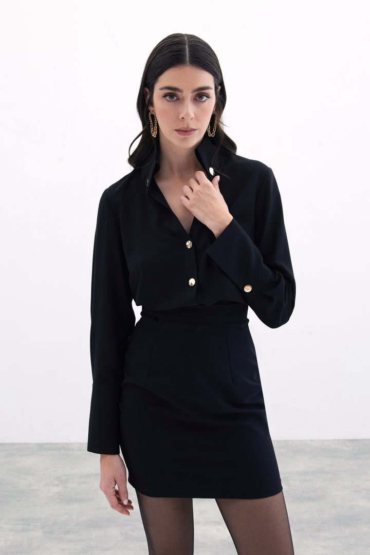 Sateen Chemise Détail Bouton - Noir