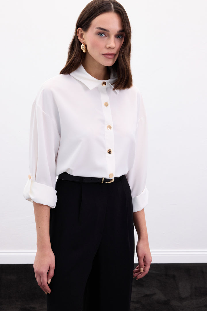 Sateen Chemise avec Détail de Pression - Écru