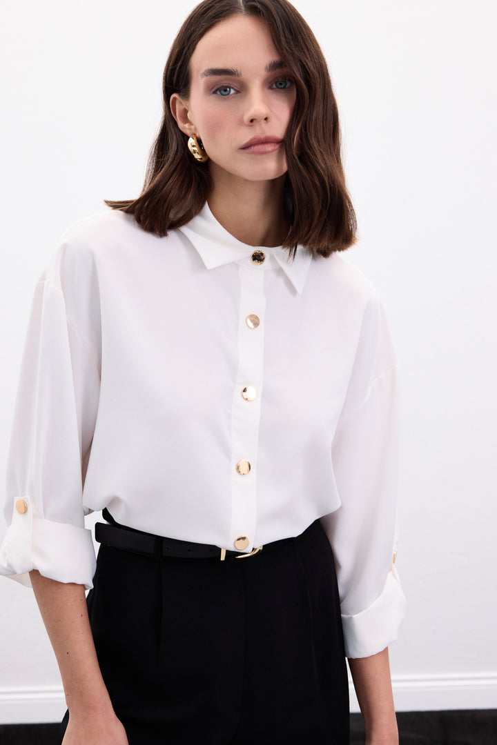 Sateen Chemise avec Détail de Pression - Écru
