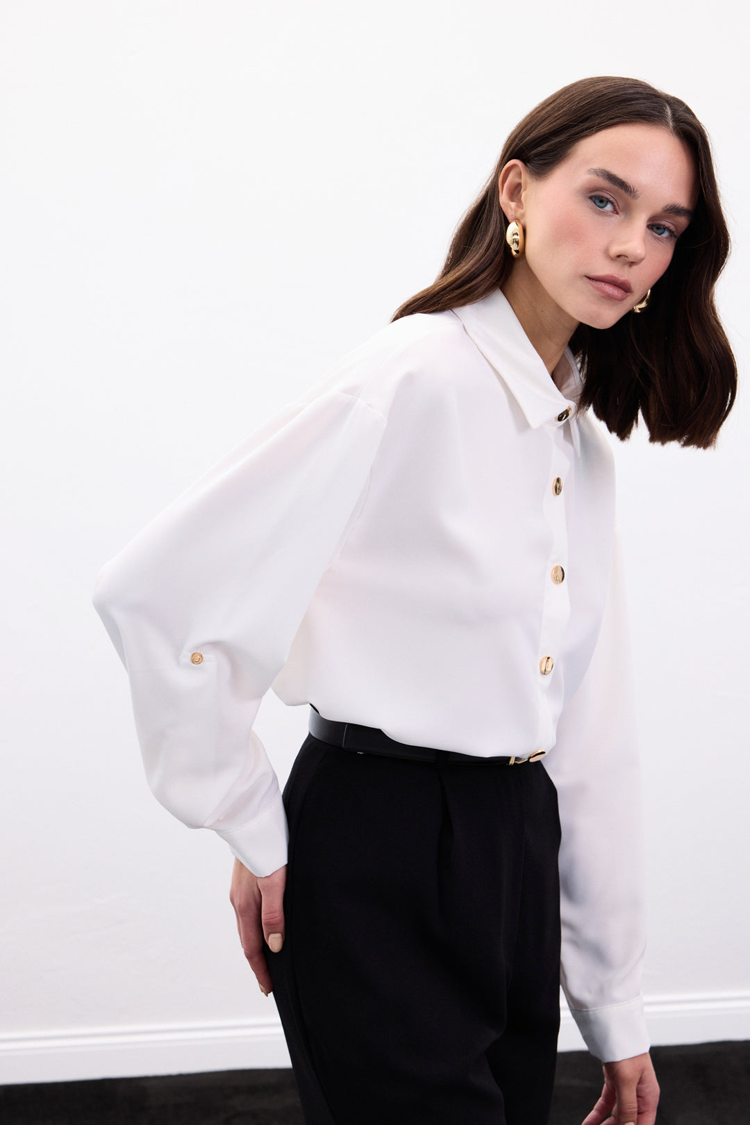 Sateen Chemise avec Détail de Pression - Écru