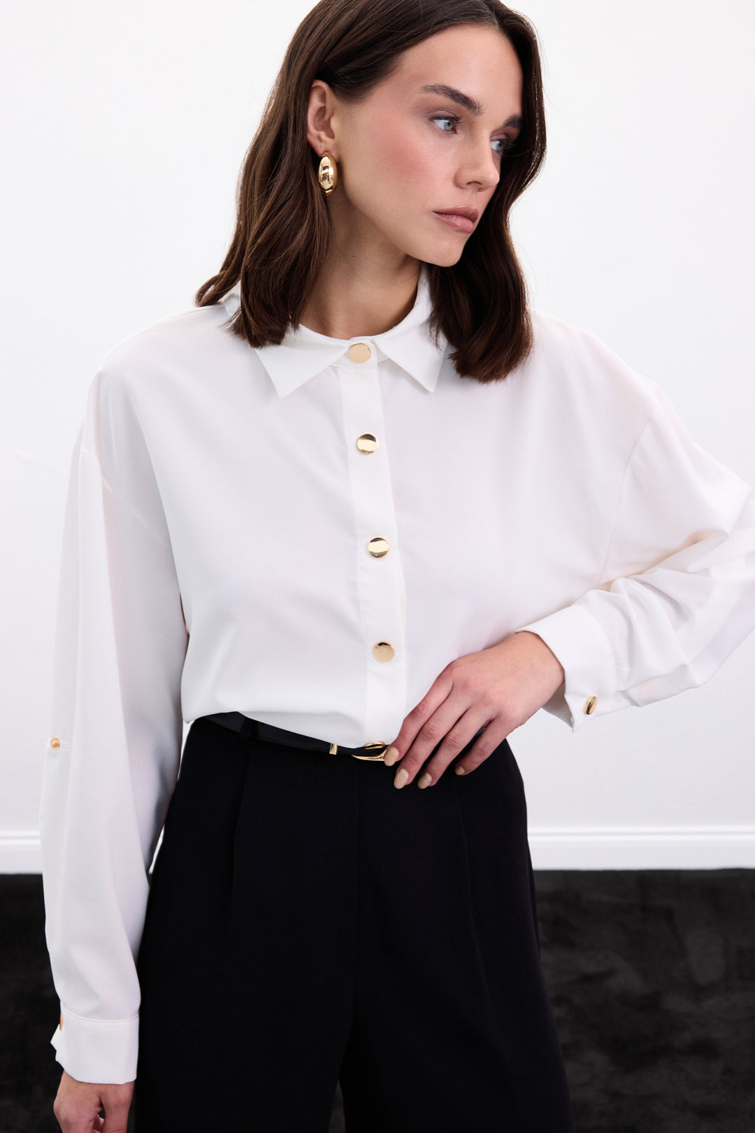 Sateen Chemise avec Détail de Pression - Écru