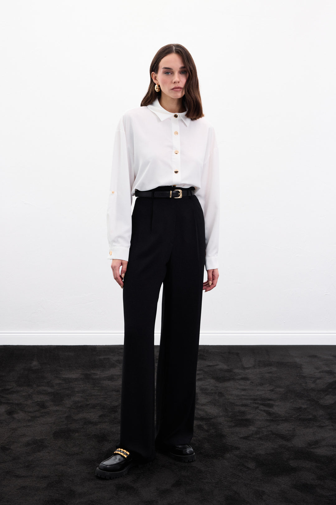 Sateen Chemise avec Détail de Pression - Écru