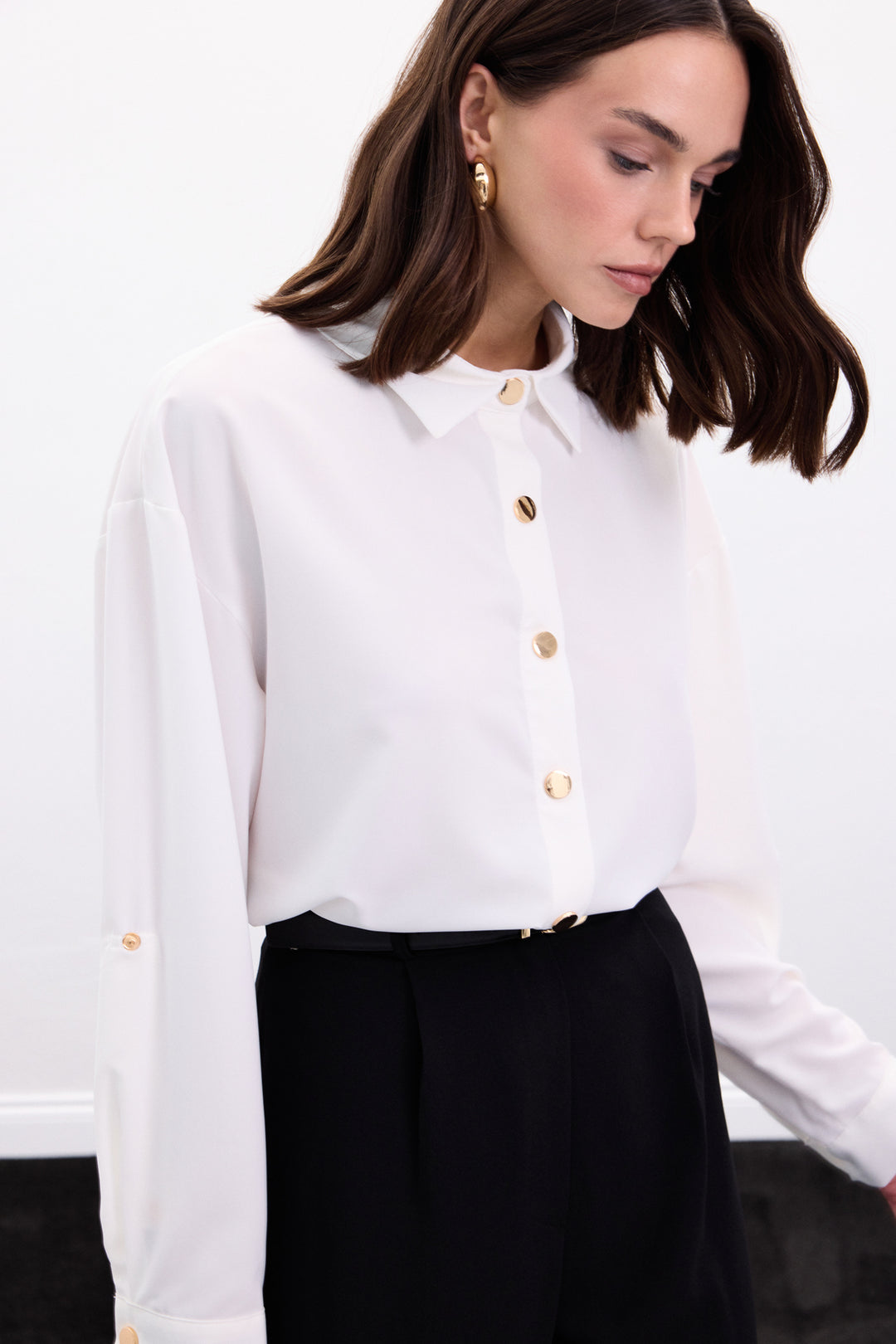 Sateen Chemise avec Détail de Pression - Écru